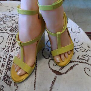 Louis Vuitton Sun Yellow Rubber Wedge Sandals Silver Logo Hardware EU 37 US 7